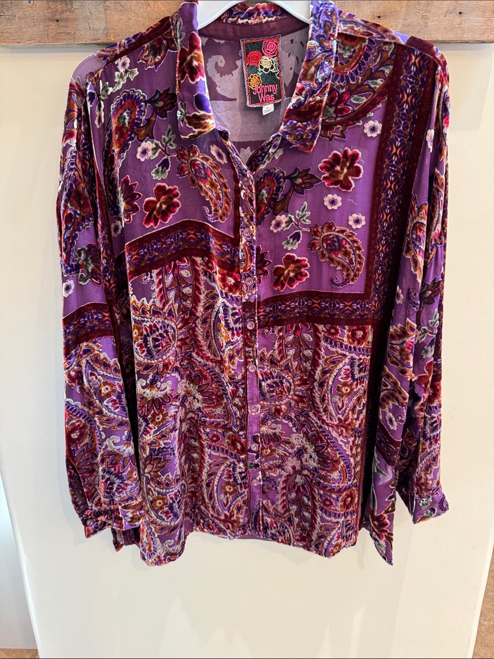 Johnny Was Purple Paisley Velvet Button-Down Shirt